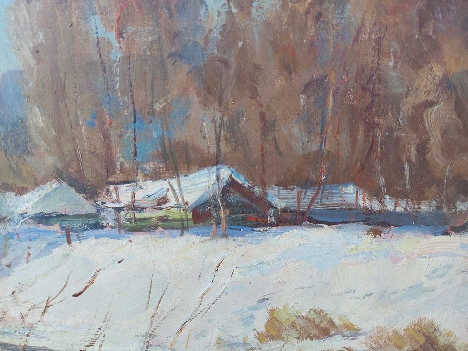 Tablou vechi - peisaj rural de iarna - semnat C. Isachie