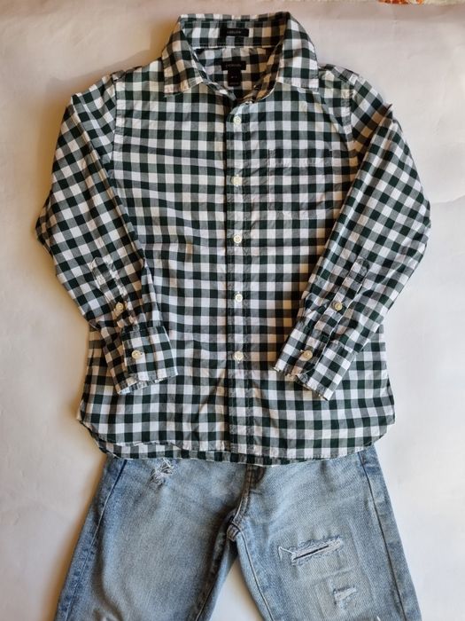 Свежа карирана риза в зелен нюанс и светло сини дънки Zara, 122 см.