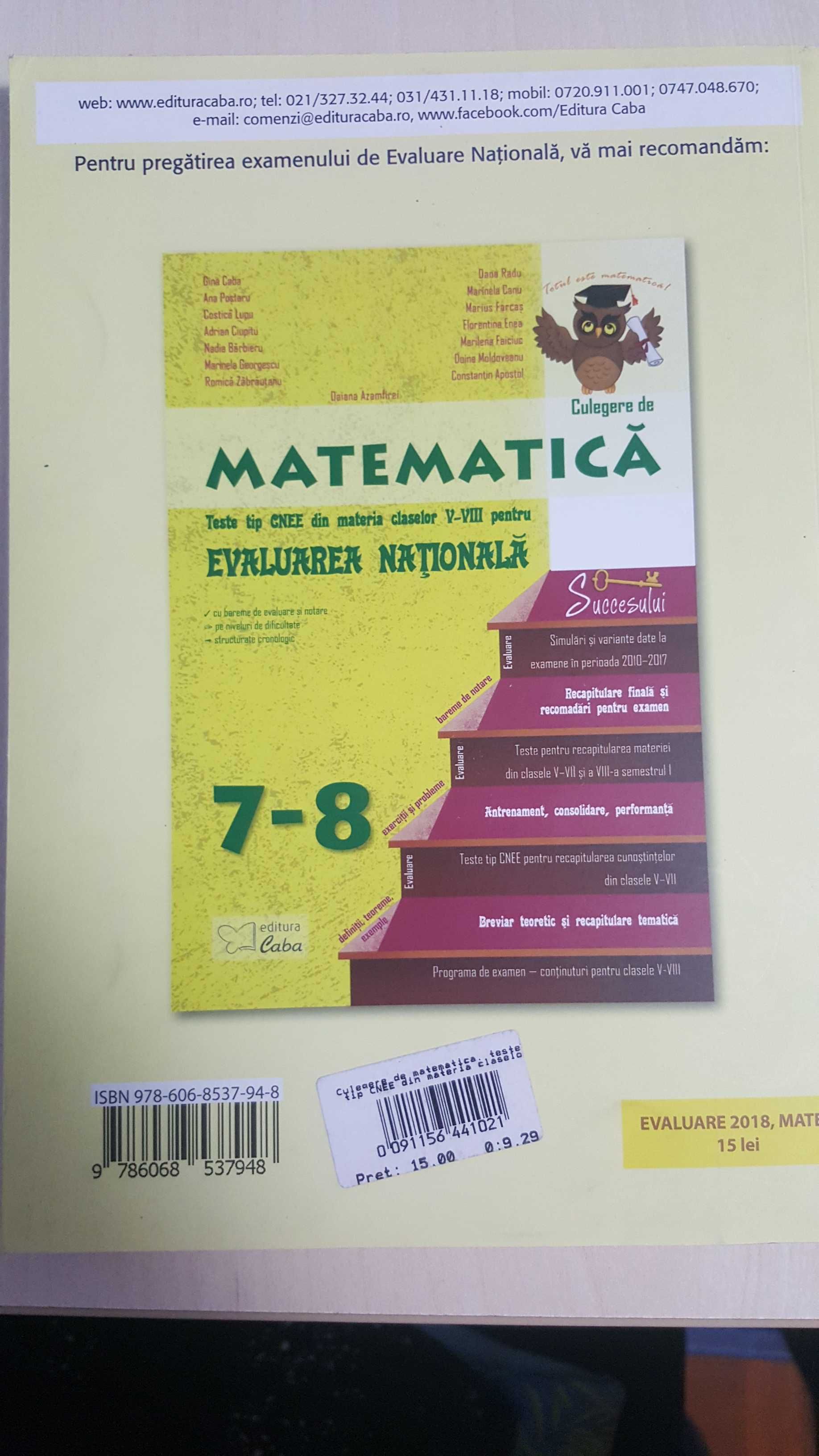 Culegere matematica acreditata tip CNEE ptr clasele 5-8 ptr Evaluare N