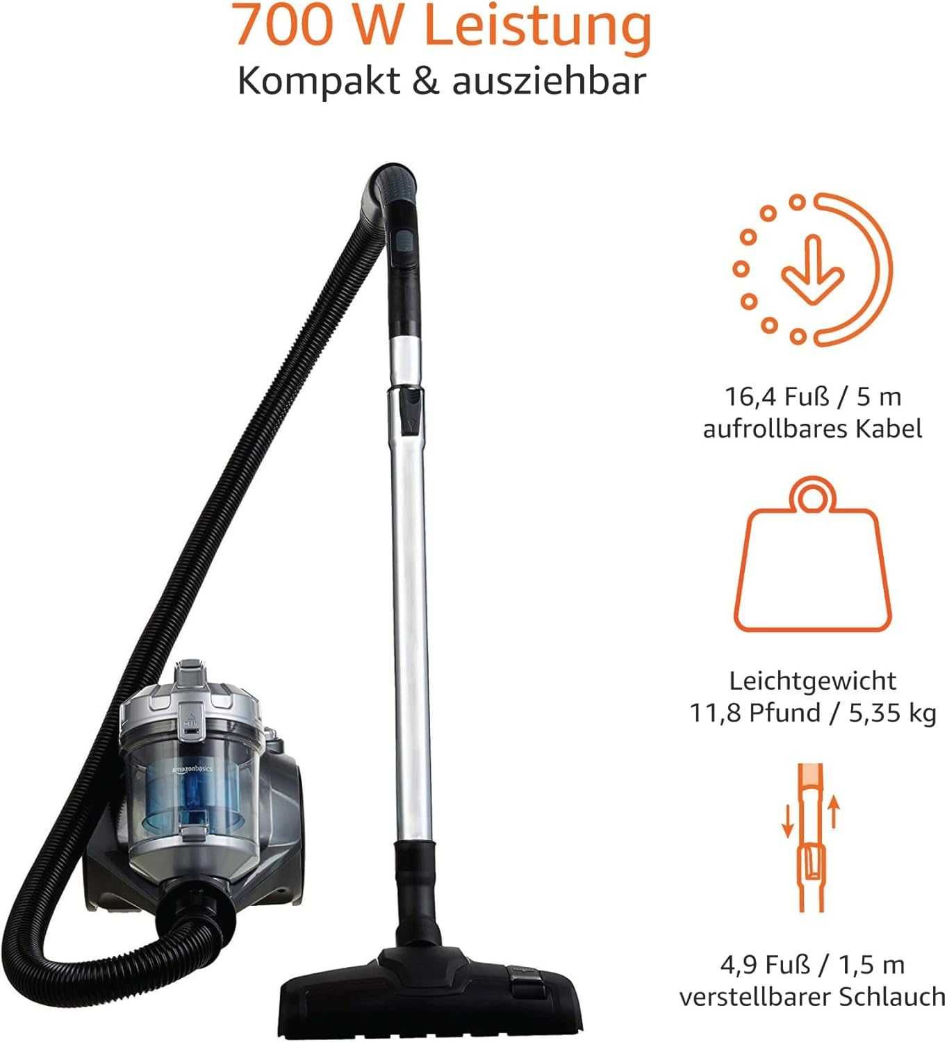 Мощна Прахосмукачка без торба Amazon Basics, 700W, HEPA филтър, 1.5л.