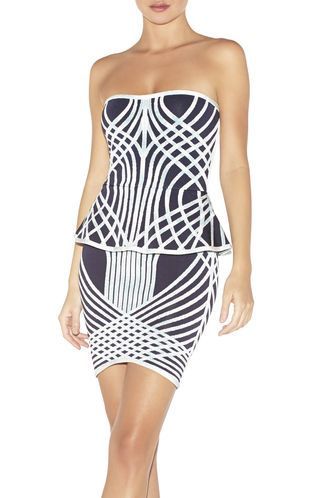 Бандажна елегантна рокля с пеплум в черно и бяло