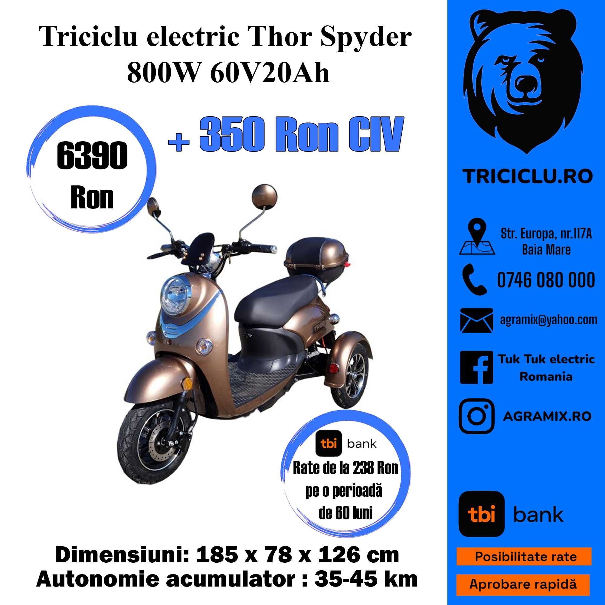 Triciclu electric Thor Spyder 100% electric 800W 60V20Ah Agramix