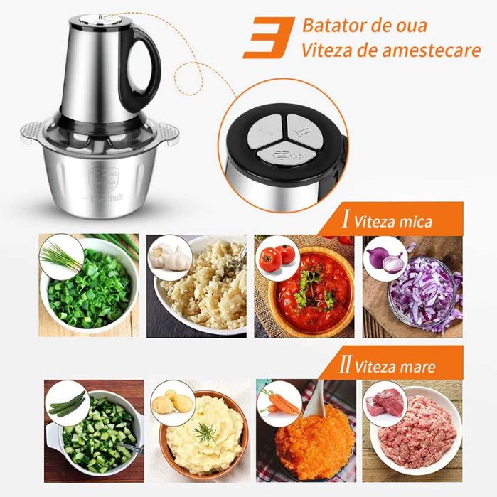 Tocator electric carne si legume, 4 lame inox, 2 viteze, inox