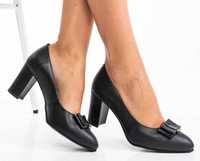 Pantofi negri (39) piele naturala cu funda si toc 10 cm