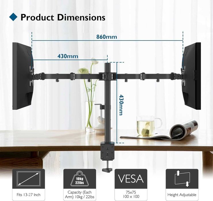 Suport de 2 monitoare de 33-68 cm reglabil, Negru si Alb