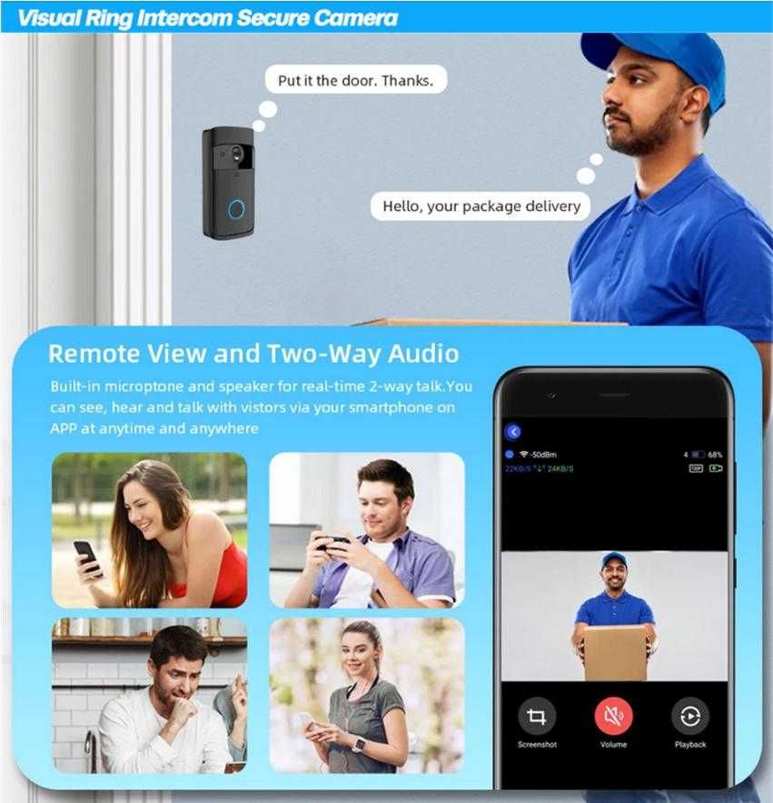 166° HD Смарт Видеодомофон Интерком Злектронен Звънец Wi-Fi Бебефон