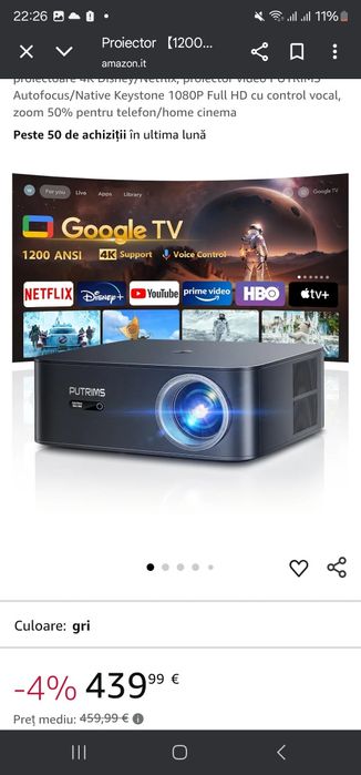 Putrims k12  Proiector【1200 ANSI/Google TV】Suport oficial pentru proie