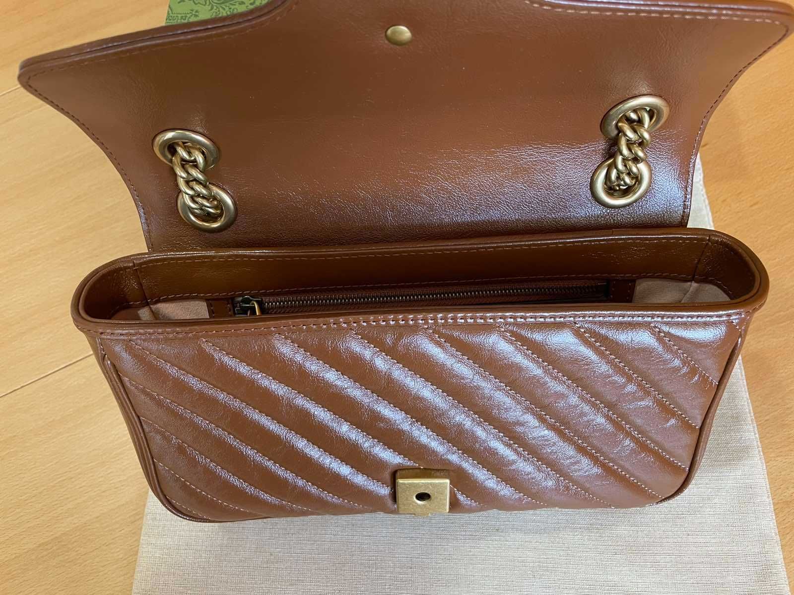 Чантa Гучи Оригинална Златна Дръжка GG Лого Marmont Кафява Кожа Gucci