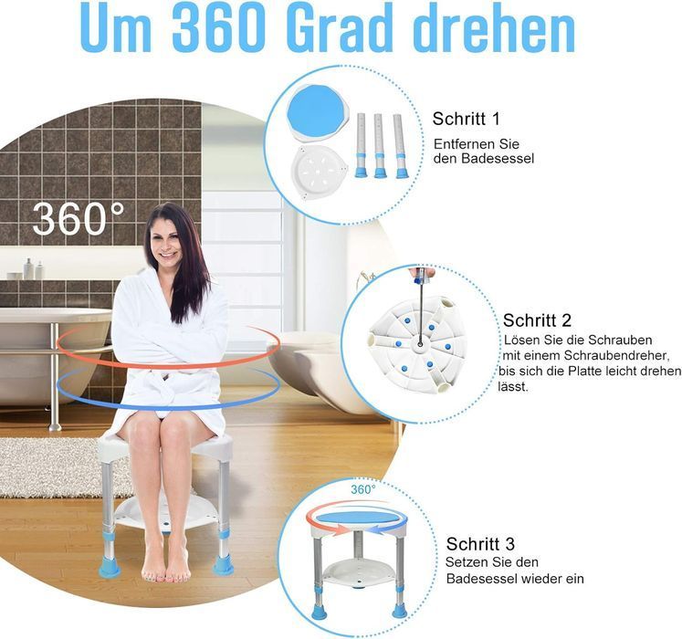 Scaun Duș Reglabil UISEBRT 360° – max 200kg, Cadru Aluminiu, Rotativ