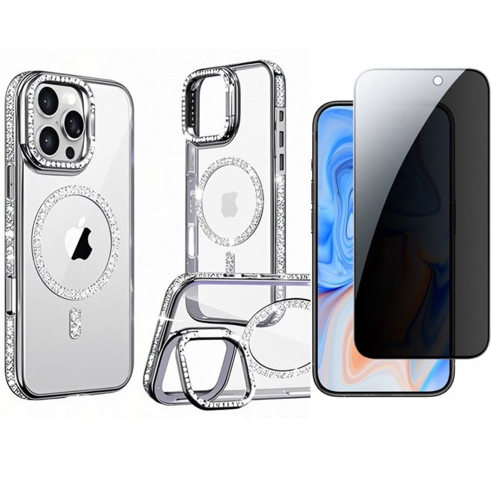 Iphone 15/16/PRO/MAX Husa Stand Glitter + Folie Sticla Full Space