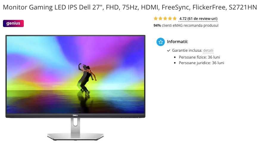 set 2 buc Monitor office LED IPS Dell 27", FHD, 75Hz, S2721HN