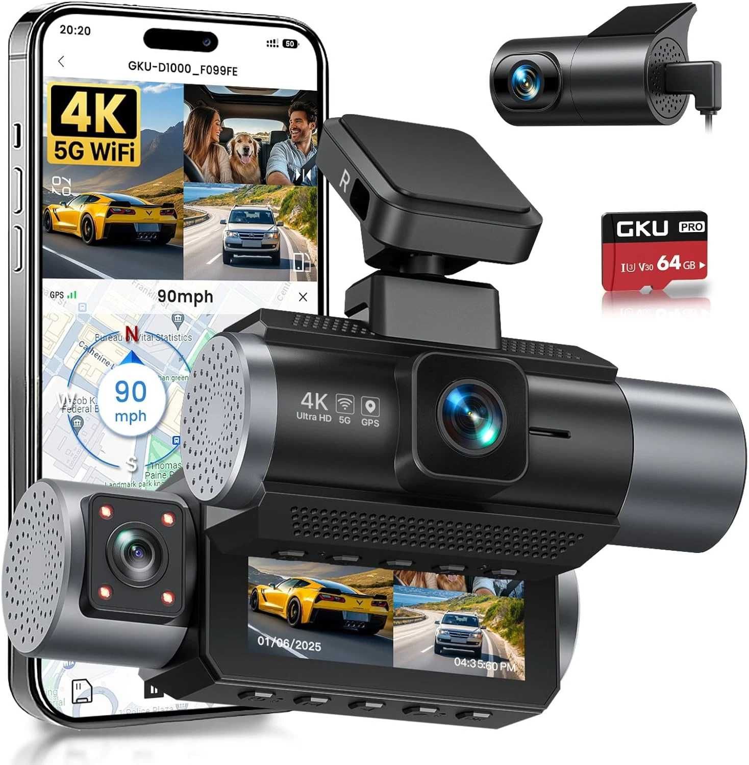 Camera Auto GKU D1000  3 Camere 4k+1080p+1080p 64GB card inclus