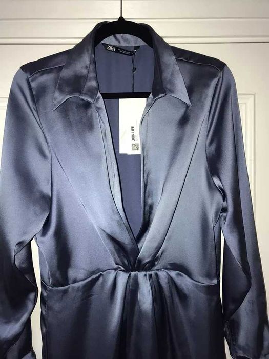 Zara rochie mini maneca lunga gri petrol bleu / gri noua satin decolte