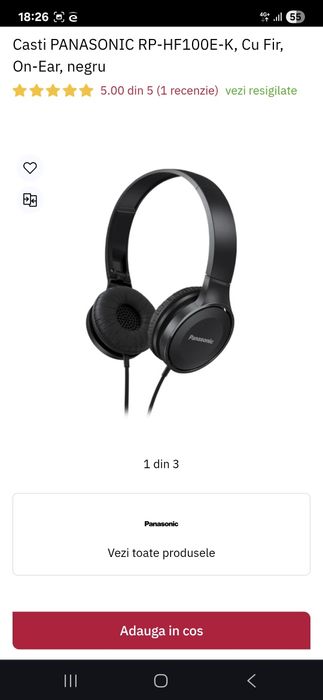 Casti PANASONIC RP-HF100E-K, Cu Fir, On-Ear, negru