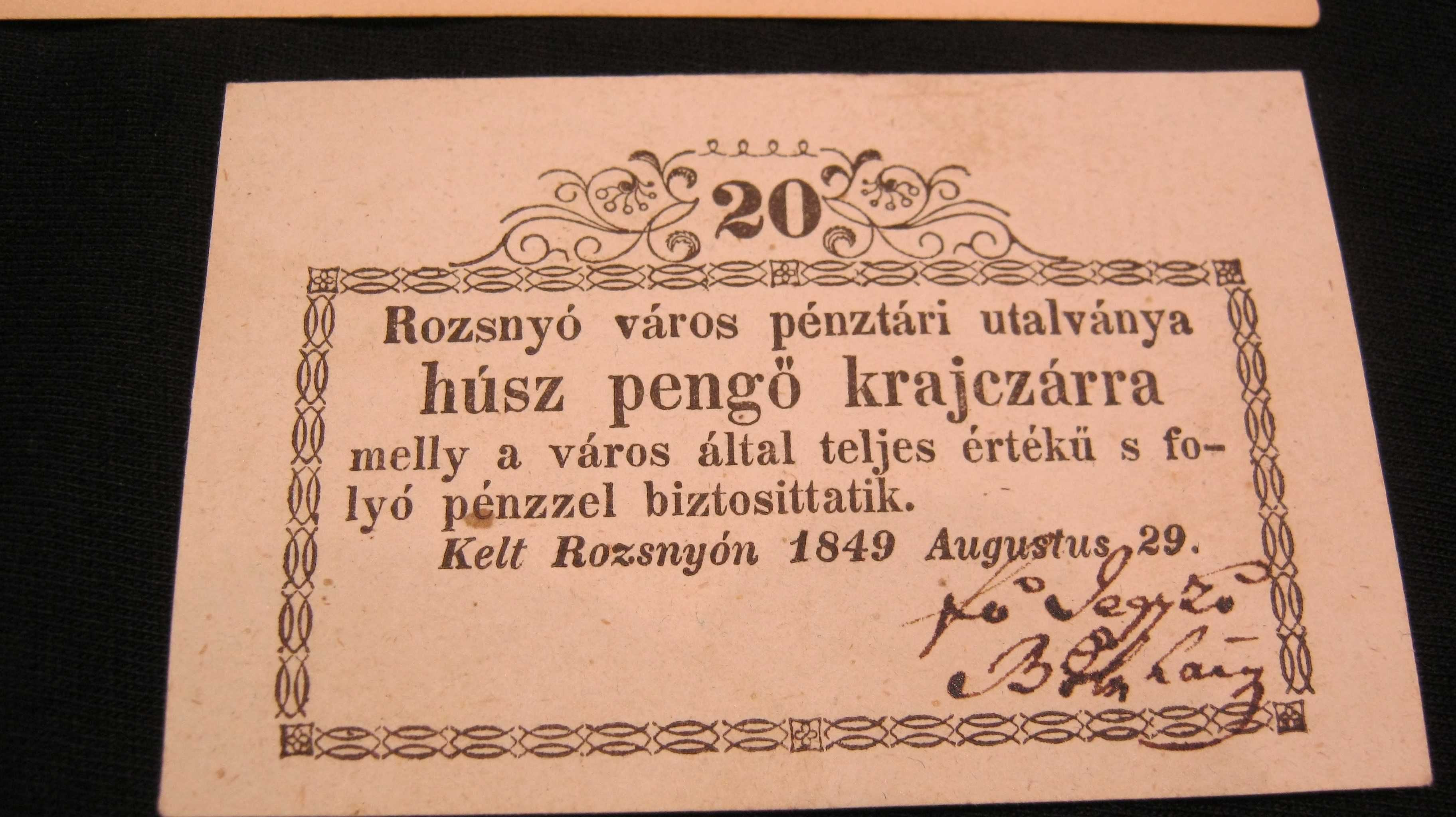 Ilustrata,Carte Postala,Litografie,Bancnota 20 Pengo,ROZSNYO 1899