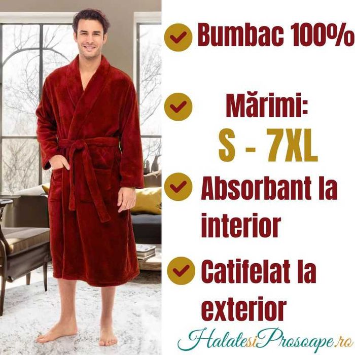 Halat bărbați, de baie sau casă, bumbac 100%, mărimi S - 7XL, vișiniu