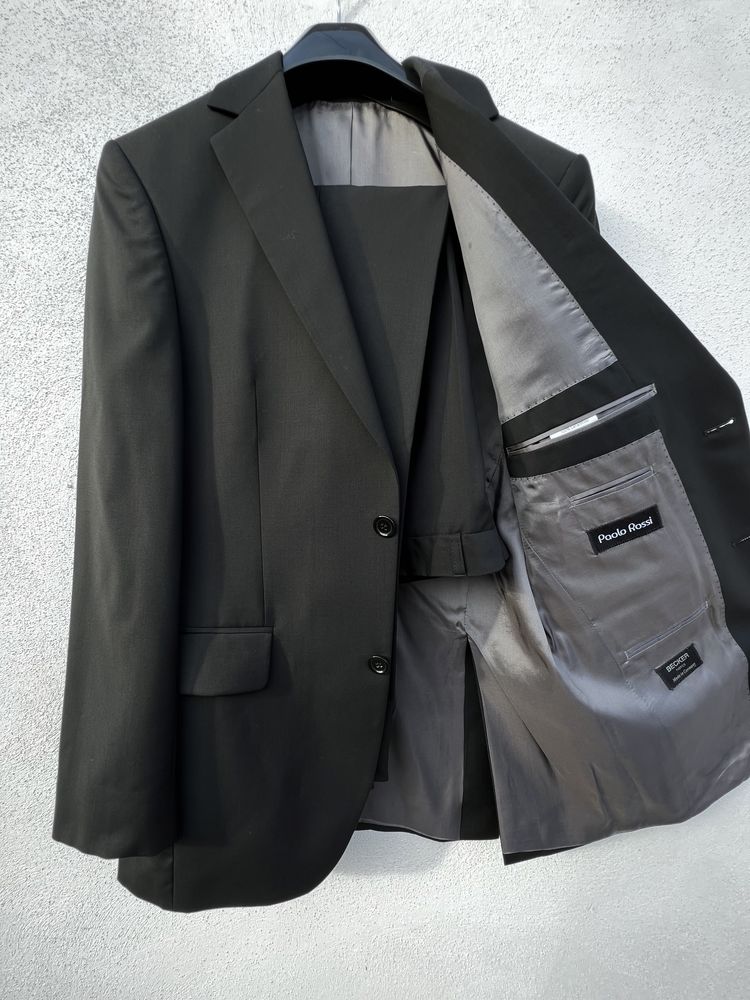 Costum negru barbati 100% lana (pantaloni + sacou), marime 46