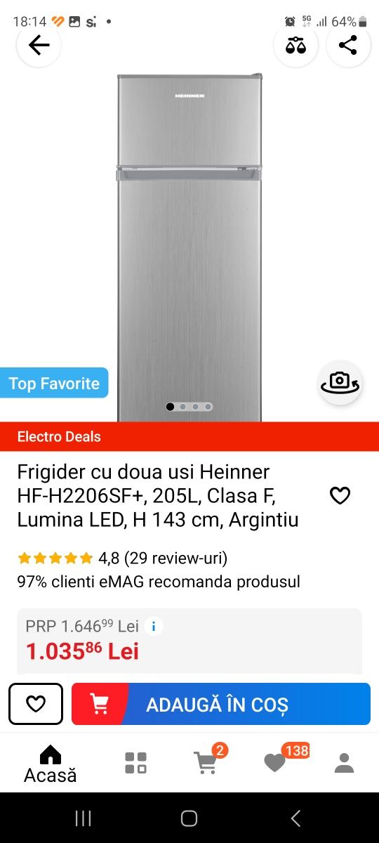 Frigider cu doua usi Heinner HF-H2206SF
HF-H2206SF+, 205L, Clasa F
Lum