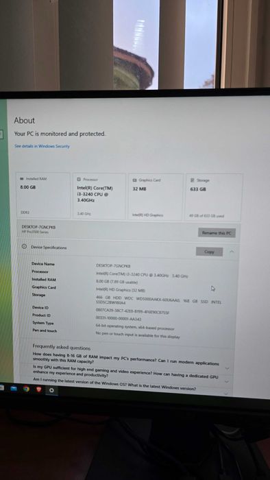 Unitate centrala PC HP Pro 3500 I3 3240, 8Gb RAM, SSD 180Gb, HDD 500Gb