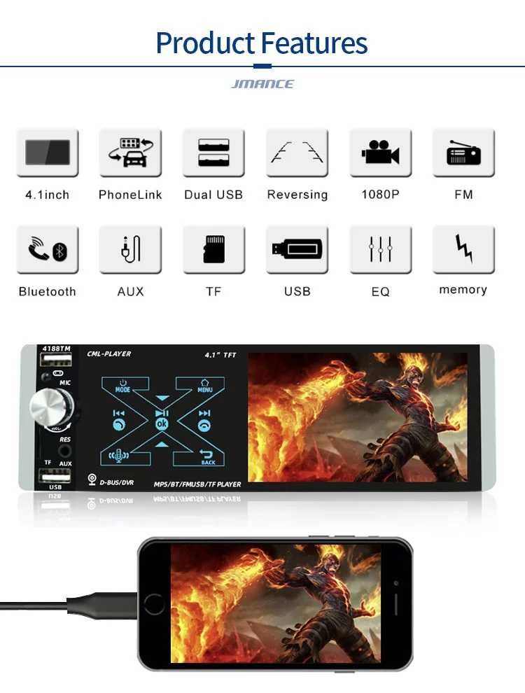 Casetofon Video 4,1” DVD Mp5 Auto 1Din USB- Navigatie.prin Mirrorlink