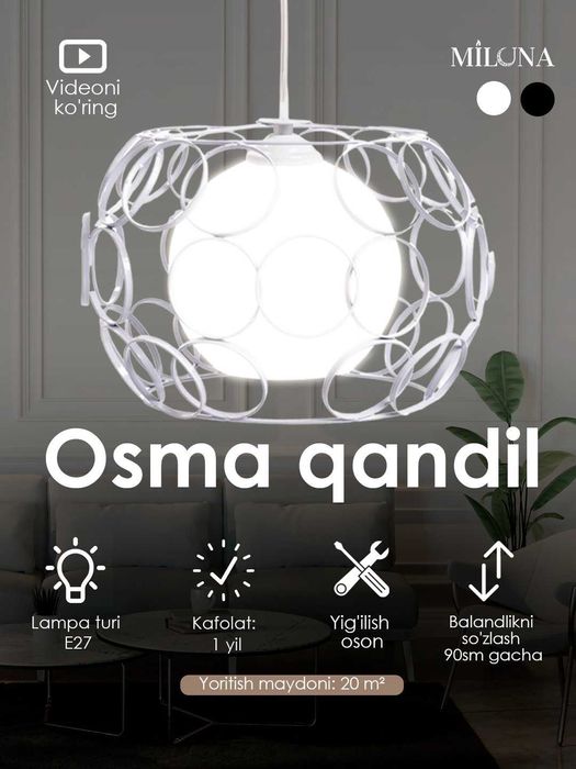 Lyustra polimerli oq, qora ranglarda oshxona, karidor uchun qandil...