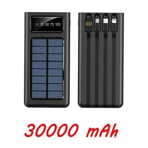 Преносима батерия Powerbank 30000mAh със соларен панел, кабели и фенер