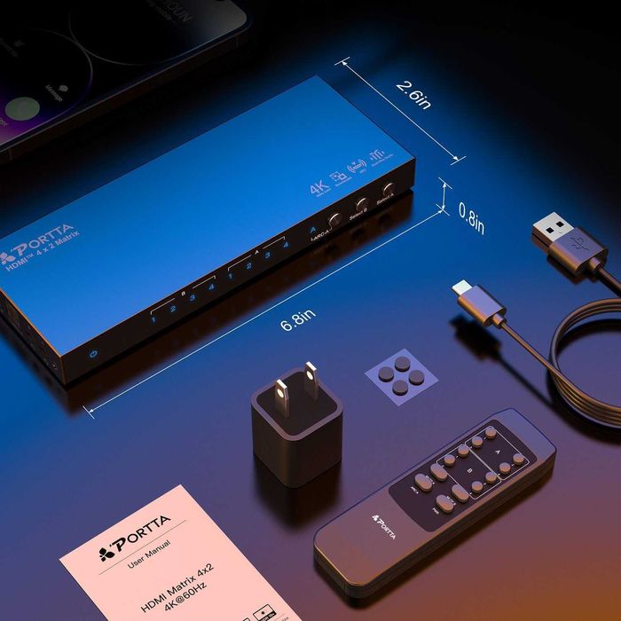 PORTTA 4x2 HDMI Matrix 4K60Hz Splitter comutator 4in/2out EDID ARC HDR