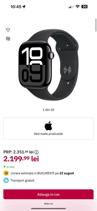 Apple Watch 10 GPS, Carcasa Jet Black Aluminium Case 46mm
