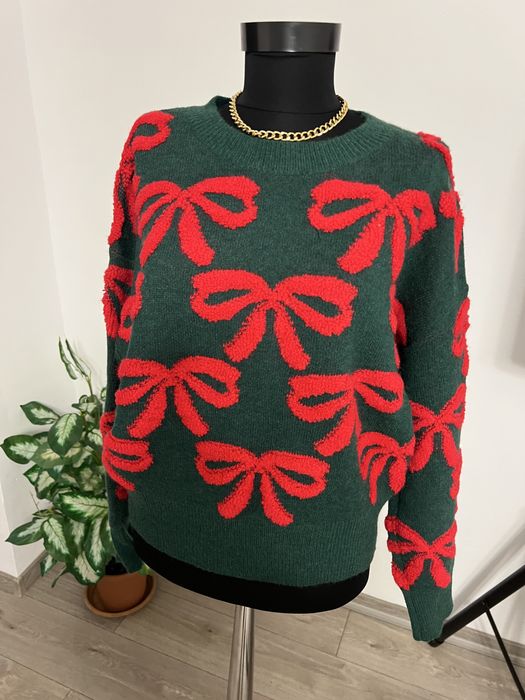 Pulover Debut iarnă verde roșu cu fundițe 3D în relief