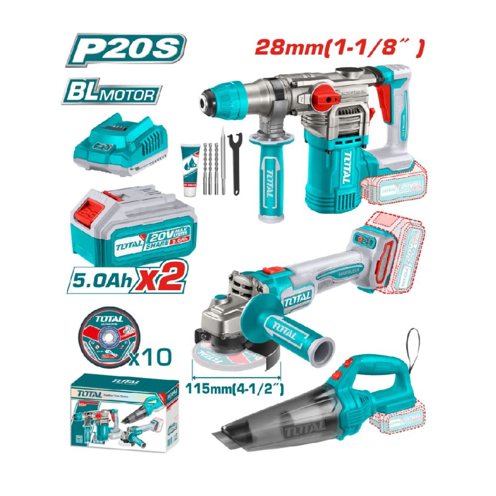 КОМПЛЕКТ Акумулаторни инструменти TOTAL, 20 V, 2 X 5 AH