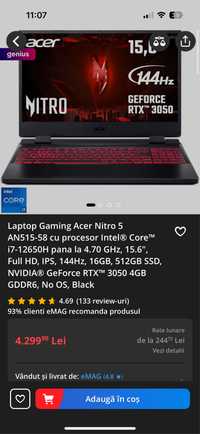 Laptop acer nitro 5 , i7 1265h , nvidia rtx 3050 gddr6, 16 gb ram