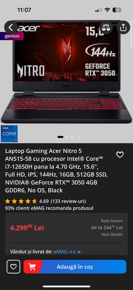 Laptop acer nitro 5 , i7 1265h , nvidia rtx 3050 gddr6, 16 gb ram