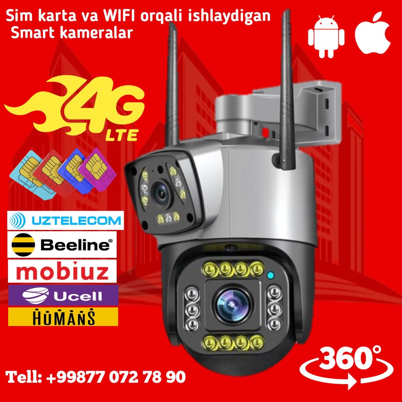 Video kuzatuv 360 gradusli smart kamera.Wifi/4G
