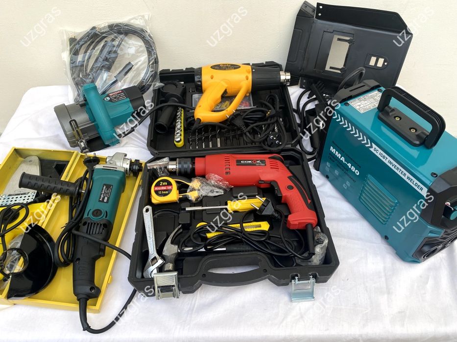 6в1 комплект сварка + фен + болгарка + перфодрель + пчелка + утюг
