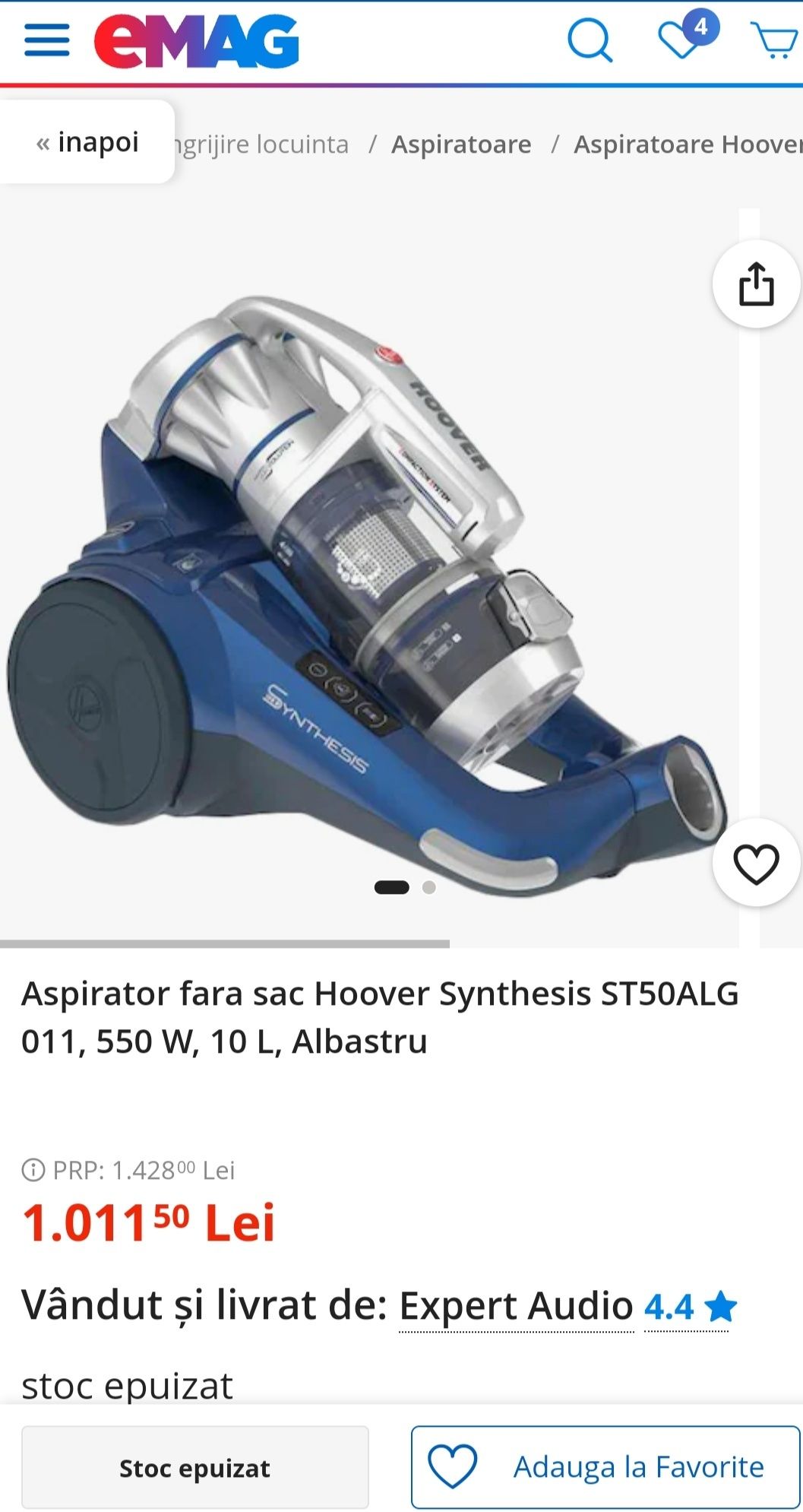 Aspirator fara sac Hoover Synthesis ST50ALG 011