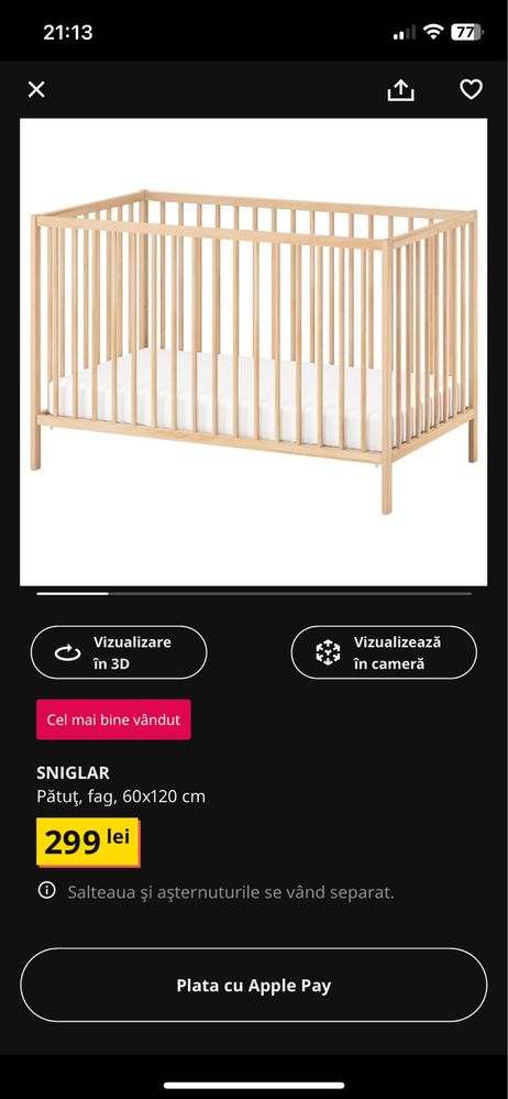 Patut IKEA bebelusi 60x120 cu saltea Jysk Gold F45 Dreamzone