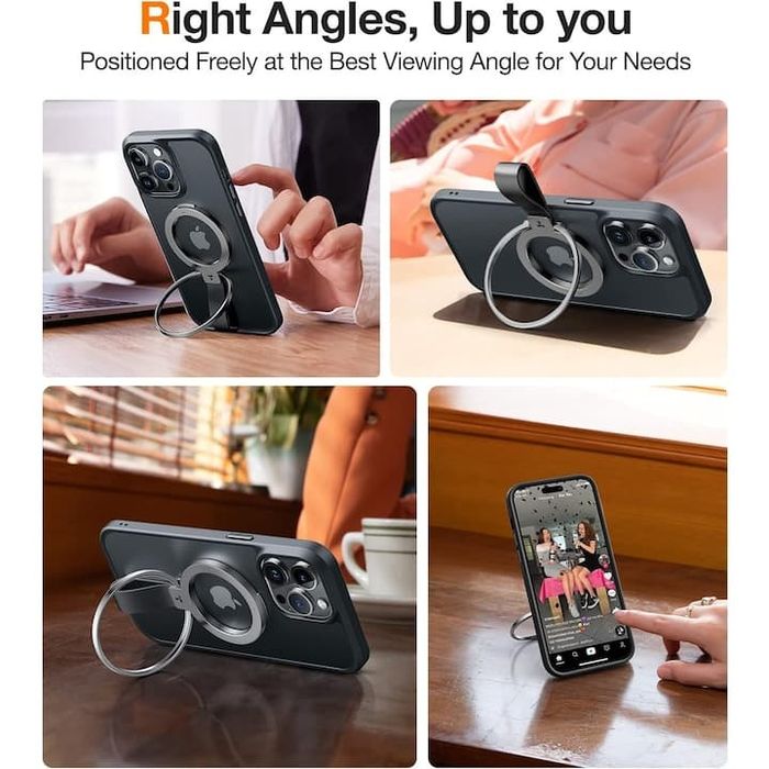 Suport telefon Torras Ring MagSafe, gri inchis, cu functie de stand