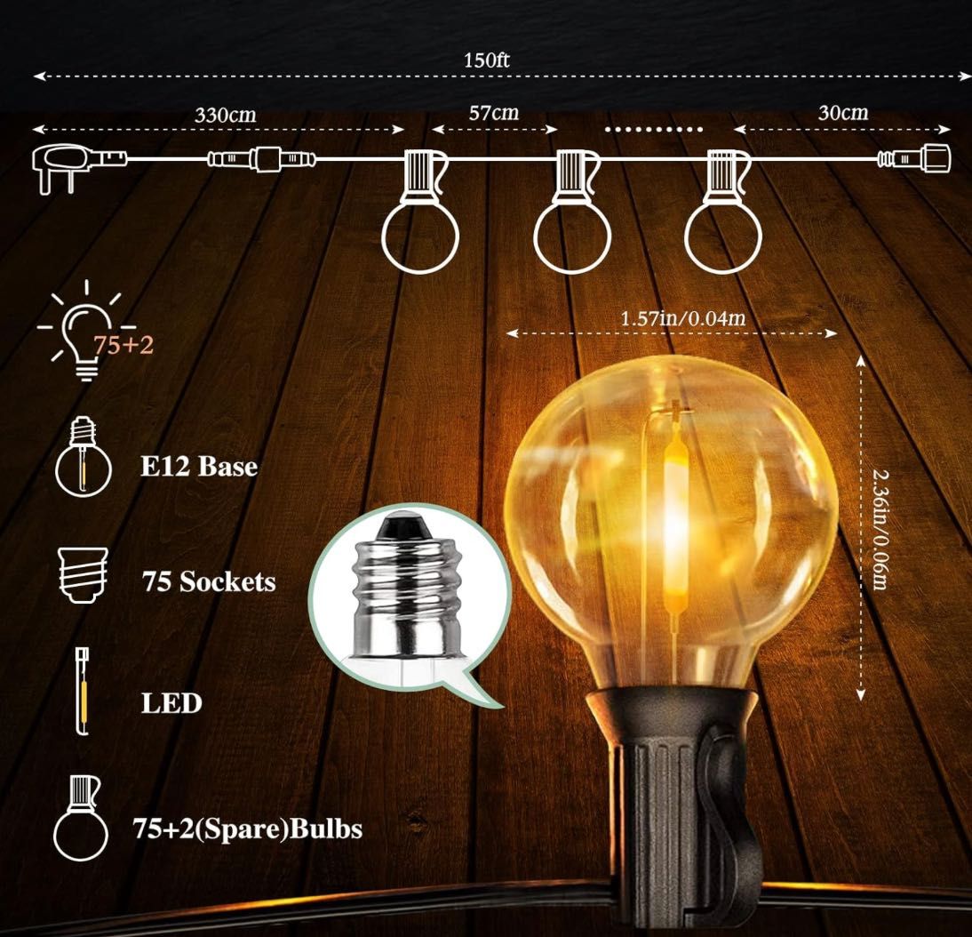 45,7M Външни Струнни Светлини, G40  със 77 LED Крушки 2700K