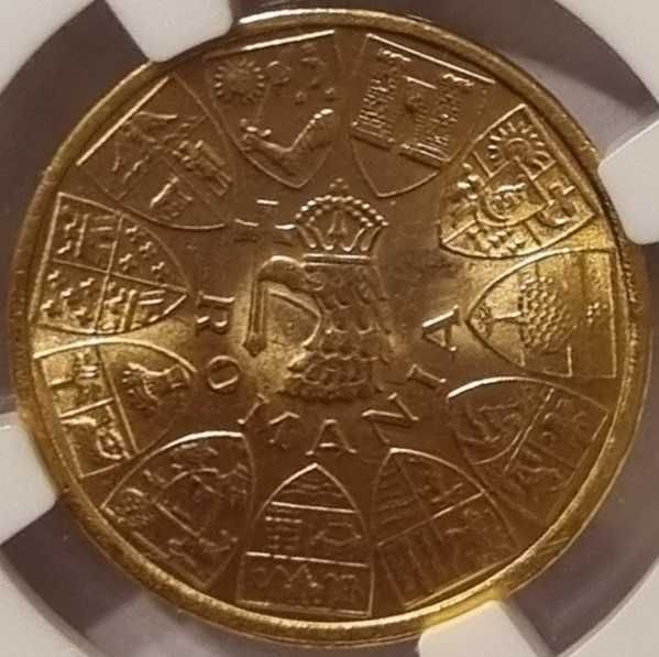 Moneda aur Ardealul Nostru 20 lei, gradata NGC MS 63.