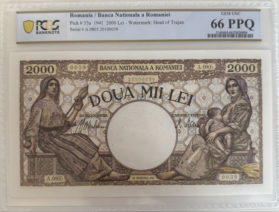 2000 lei 1941 PCGS66 UNC bancnota gradata
