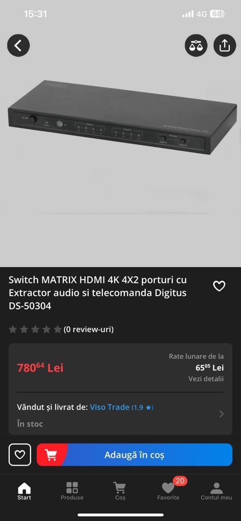 Switch MATRIX HDMI 4K 4X2 porturi cu Extractor audio si telecomanda