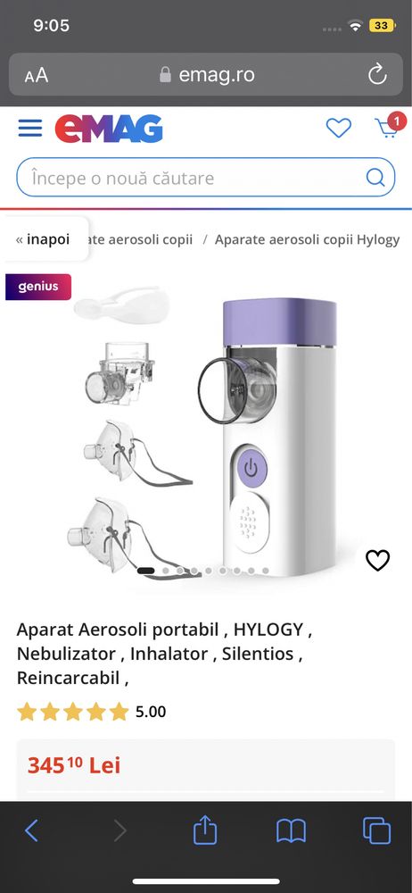 Aparat Aerosoli portabil , HYLOGY, Inhalator  Reincarcabil