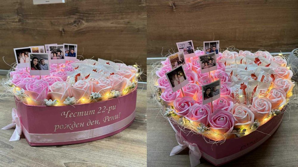 Ароматни сапунени букети със спомени, бонбони, лампички за рожден ден