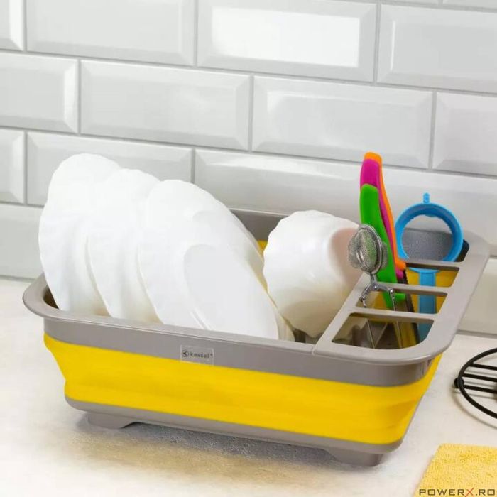 Suport pentru vase si tacamuri, plastic, 36,5 x 31 x 18ncm, galben,