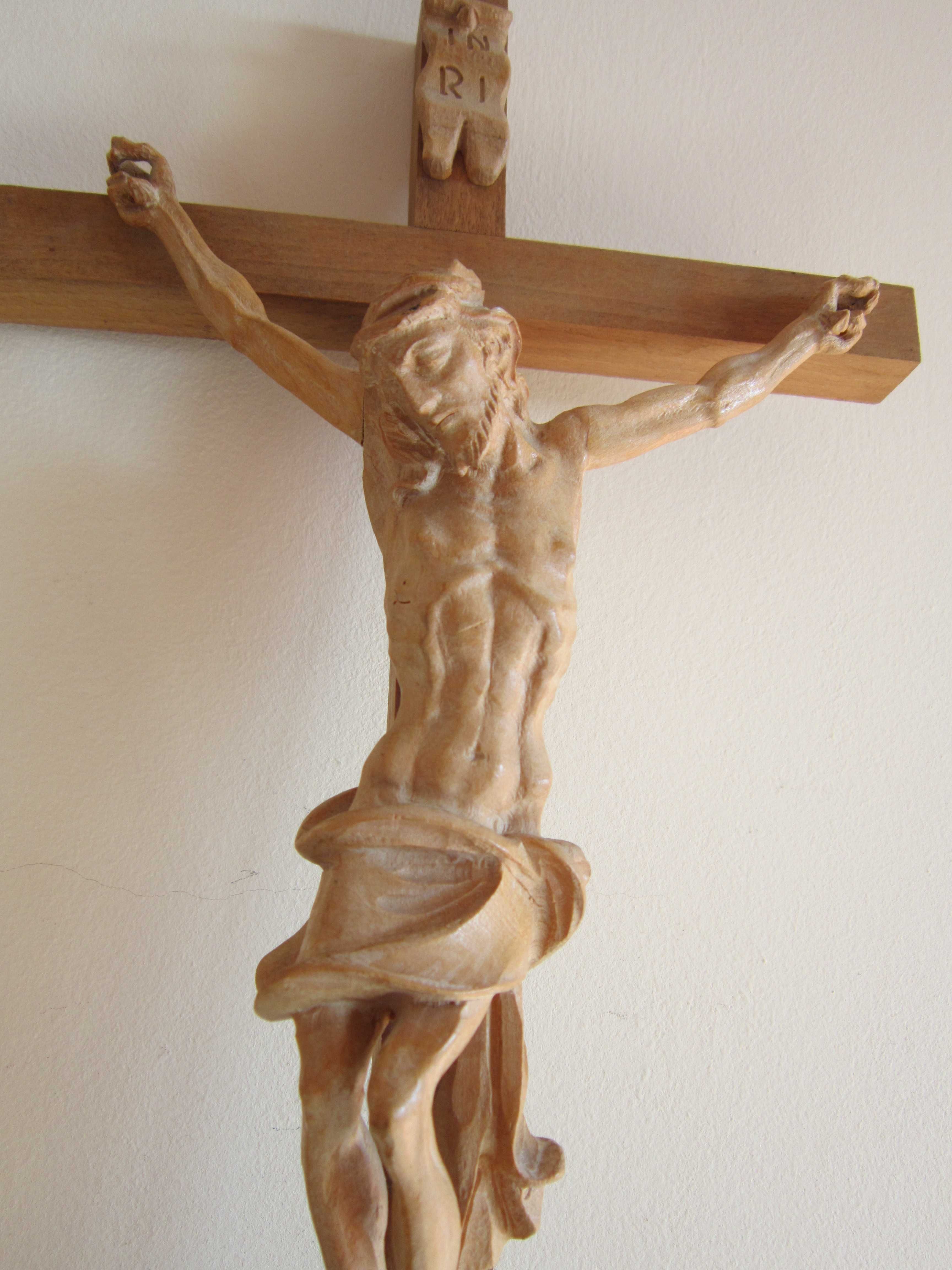 decoratiune Cruce Crucifix sculptura lemn mare, colectie Germania'60