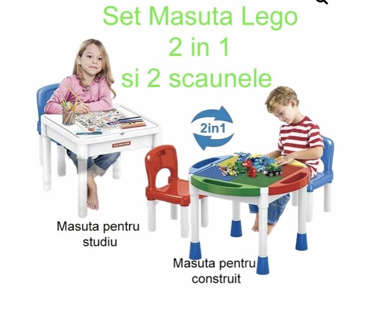 Masuta cuburi Lego Duplo 2 in 1 cu 2 scaunele