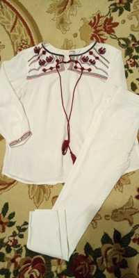 Блузка в этно-стиле, х/б+вышивка и брючки белые на девочку 9-10 лет.