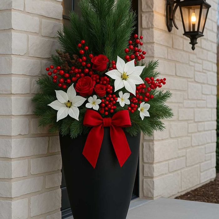 Amenajare jardiniere cu plante ornamentale - decor Craciun