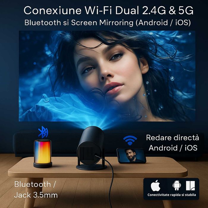 Video Proiector Smart Portabil  HD (Suport 4K), Wi-Fi 6
