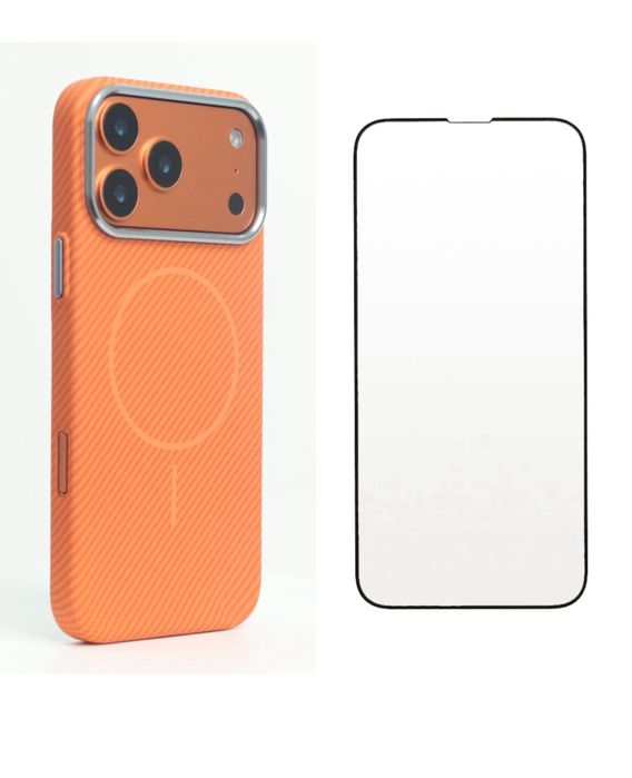 Husa Carbon Texture Orange + Folie Sticla - Iphone 17 PRO/17 PRO MAX